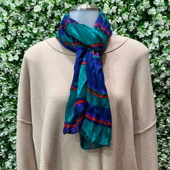 Vintage Saks Fifth Avenue silk neck scarf colorful color block stripes - Picture 1 of 12